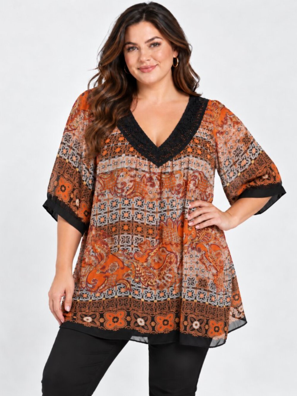 Lane Bryant 18/20 Boho Paisley Tunic Blouse Orange Black Crochet Neck Plus Size